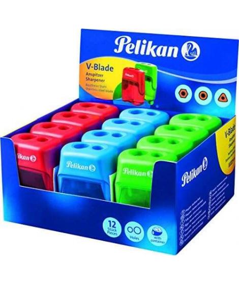 Pelikan Expositor de 12 Sacapuntas V-Blade Doble Orificio + Deposito - Dos Orificios y Deposito - Disponible en Azul, Rojo y Ver