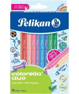 Pelikan Caja de 12 Rotuladores Escolares Colorella Duo C407 10+2 Colores - Doble Punta Fina 1mm y Gruesa 2mm - Lavables