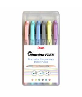 Pentel Illumina Flex Pack de 6 Marcadores Fluorescentes Doble Punta - Biselada Trazo entre 1.5 a 3.5mm - Conica Trazo 1mm - Colo