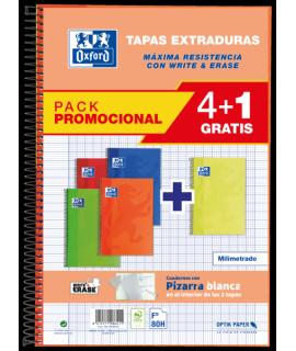 Oxford School Classic Write&Erase Pack 4+1 Fº - Cuaderno Espiral Tapa Extradura - Milimetrado con Margen - 80 Hojas - Colores Su