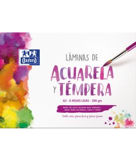 Oxford Pintura Escolar - Sobre de Laminas de Acuarela y Tempera A3 - 6 Hojas de 300gr - Papel Liso de Alta Calidad