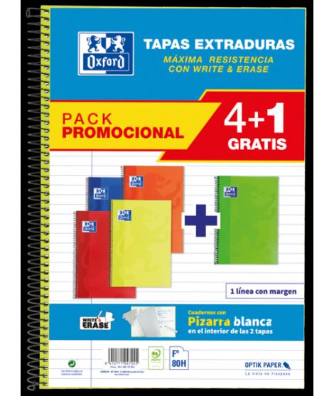 Oxford School Classic Write&Erase Pack 4+1 Fº - Cuaderno Espiral - Tapa Extradura - 1 Linea con Margen - 80 Hojas - Colores Surt