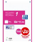 Oxford School Recambio A4 120 Hojas Cuadricula 5x5mm - 4 Taladros - Banda de Color Fucsia