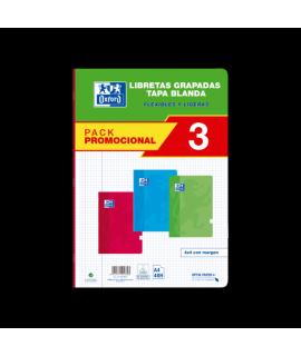 Oxford School Classic Pack 3 - Libreta Grapada A4 - Tapa Blanda - 4x4 con Margen - 48 Hojas - 3 Colores