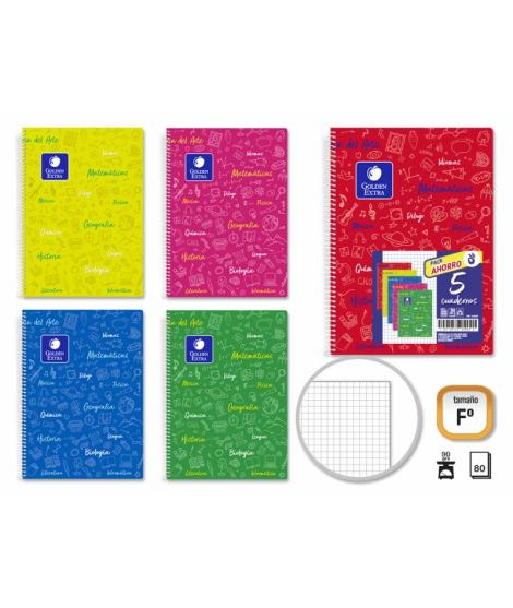 Golden Pack de 5 Cuaderno Asignatura Tapa Dura Folio 80 Hojas 90gr Cuadricula 4x4 - Resistente - Ideal para Estudiantes - Alta C