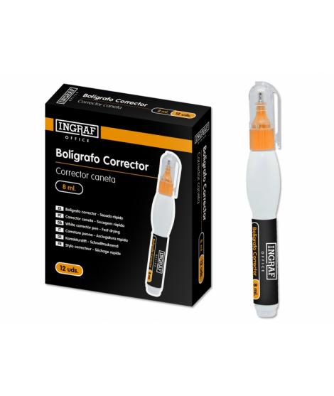 Ingraf Corrector Boligrafo de 8 Mililitros - Punta Metalica Fina - Secado Rapido - Forma Ergonomica