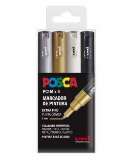 Posca PC1M Estuche de 4 Marcadores de Pintura - Punta Conica de 0.7mm - Tinta Base al Agua - No Permanente - Resistente a la Luz