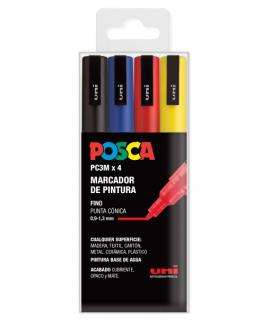 Posca PC-3M/4C Estuche de 4 Marcadores de Pintura - Punta de Poliester Conica 0.9-1.3mm - Tinta Base al Agua - Resistente a la L