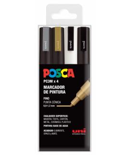 Posca PC-3M/4C Estuche de 4 Marcadores de Pintura - Punta Conica de Poliester 0.9-1.3mm - Tinta Base al Agua - No Permanente - R