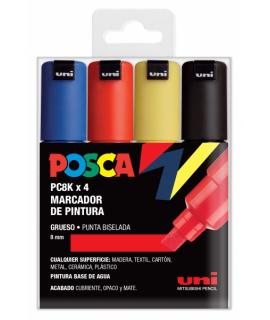 Posca PC-8K Estuche de 4 Marcadores de Pintura - Punta Biselada Acrilica 8mm - Tinta Base al Agua - No Permanente - Resistente a