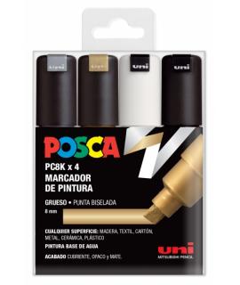 Posca PC-8K Estuche de 4 Marcadores de Pintura - Punta Biselada Acrilica 8mm - Tinta Base al Agua - Resistente a la Luz - Color 