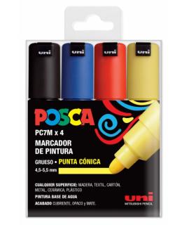 Posca PC-7M Estuche de 4 Marcadores de Pintura - Punta de Bala 4.5-5.5mm - Tinta Base al Agua - Resistente a la Luz - No Permane