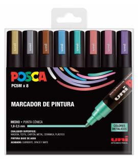 Posca PC-5M/8C Estuche de 8 Marcadores de Pintura - Punta de Bala 1.8-2.5mm - Tinta Base al Agua - Resistente a la Luz - No Perm