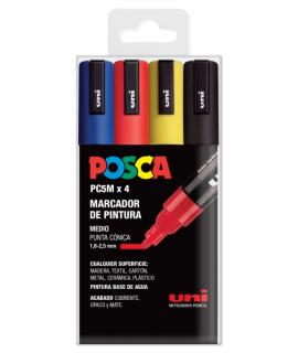 Posca PC-5M/4C Estuche de 4 Marcadores de Pintura - Punta de Bala 1.8-2.5mm - Tinta Base al Agua - No Permanente - Resistente a 