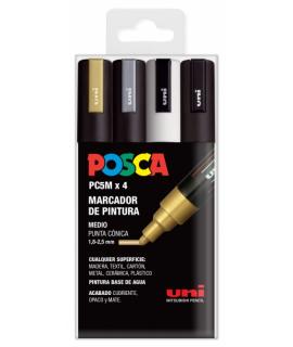 Posca PC-5M/4C Estuche de 4 Marcadores de Pintura - Punta de Bala 1.8-2.5mm - Tinta Base al Agua - No Permanente - Resistente a 