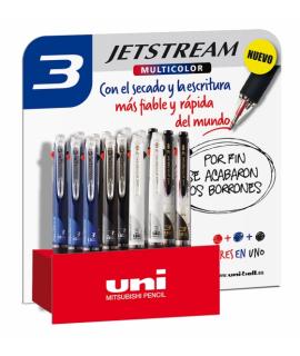 Uni-ball SXE3-400-10 JetStream Expositor de 15 Boligrafos Tricolor - Punta de Bola 1mm - Boligrafo con 3 Colores de Tinta, Negro