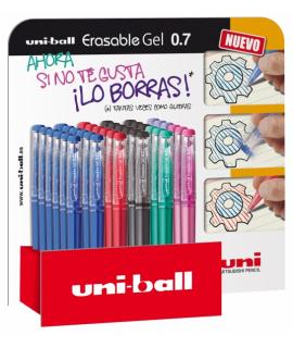 Uni-ball Erasable UF-222 Expositor de 36 Rollers de Gel Borrable - Punta de Bola 0.7mm - Tinta Termosensible - Doble Goma Borrad