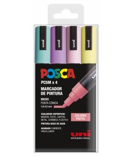 Posca PC-5M/4C Estuche de 4 Marcadores de Pintura - Punta de Bala 1.8-2.5mm - Base al Agua - No Permanente - Resistente a la Luz