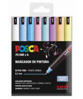 Posca PC1MR/8C Estuche de 8 Marcadores de Pintura - Punta Roller de Fibra 0.7mm - Tinta Pigmentada Base al Agua - Linea Extrafin