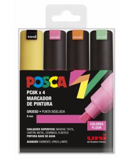 Posca PC-8K Estuche de 4 Marcadores de Pintura - Punta Biselada Acrilica 8mm - Tinta Base al Agua - Resistente a la Luz - Color 