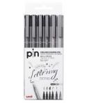 Uni-ball Uni Pin Pack de 6 Rotuladores Calibrados 0.3, 0.7, 1.2, Brush - Punta Poliacetal - Tinta Pigmentada Resistente al Agua 