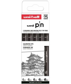 Uni-ball Uni Pin Clasico I Pack de 5 de Rotuladores Calibrados 0.1, 0.3, 0.5, 0.7 y 0.9 - Punta Poliacetal - Tinta Pigmentada Re