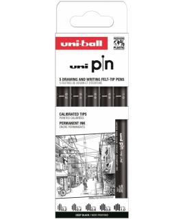 Uni-ball Uni Pin Clasico II Pack de 5 de Rotuladores Calibrados 0.2, 0.4, 0.6, 0.8 y 1.0 - Punta Poliacetal - Tinta Pigmentada R