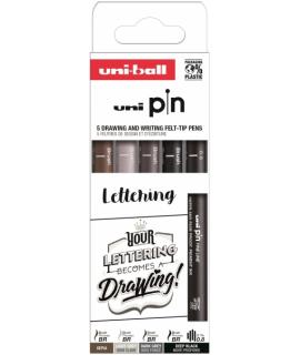 Uni-ball Uni Pin Lettering Pack de 5 Rotuladores Calibrados 0.8, y Brush - Punta Poliacetal - Tinta Pigmentada Resistente al Agu