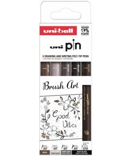 Uni-ball Uni Pin Brush Art Pack de 5 Rotuladores Calibrados Brush y Brush Extra Fino - Punta Poliacetal - Tinta Pigmentada Resis