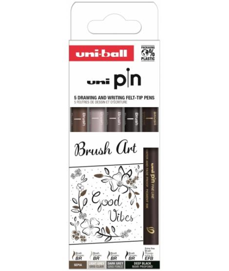 Uni-ball PIN Pack de 5 Rotuladores Calibrados Brush Art - Punta Poliacetal - Tinta Pigmentada Resistente al Agua y a la Luz - Co