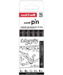 Uni-ball Uni Pin Caligrafia Pack de 5 Rotuladores Calibrados 0.1, 0.5, Chisel 1.0, Chisel 2.0 y Chisel 3.0 - Tinta Pigmentada Re