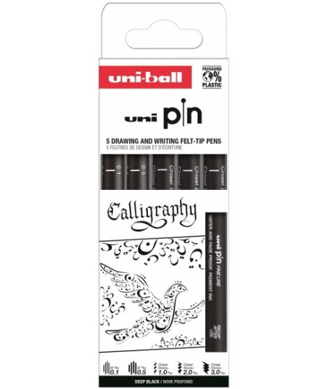 Uni-ball PIN Pack de 5 Rotuladores Calibrados - Tinta Pigmentada Resistente al Agua y Luz - Ideal para Dibujo Profesional y Escr