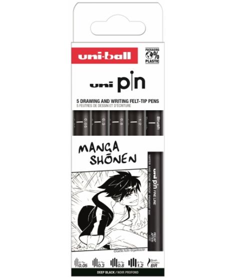 Uni-ball PIN Pack de 5 Rotuladores Calibrados - Punta Poliacetal - Tinta Pigmentada Resistente al Agua y Luz - Color Negro