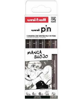 Uni-ball Uni Pin Manga Shojo Pack de 5 Rotuladores Calibrados 0.03, 0.1, 0.5, Brush Gris y EFB Negro - Punta Poliacetal - Tinta 