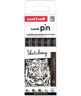 Uni-ball Pin Sketching Pack de 5 Rotuladores Calibrados - Punta Poliacetal - Tinta Pigmentada Resistente al Agua y Luz - Color N