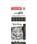 Uni-ball Uni Pin Sketching Pack de 5 Rotuladores Calibrados 0.4, 0.9, 1.2, Brush y EFB - Punta Poliacetal - Tinta Pigmentada Res