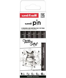 Uni-ball Uni Pin Tattoo Art Pack de 5 Rotuladores Calibrados 0.1, 0.2, 0.7, 1.0, Brush y Chisel 3.0 - Punta Poliacetal - Tinta P