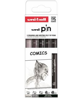 Uni-ball PIN Pack de 5 Rotuladores Calibrados Comics - Punta Poliacetal - Tinta Pigmentada Resistente al Agua y Luz - Color Surt