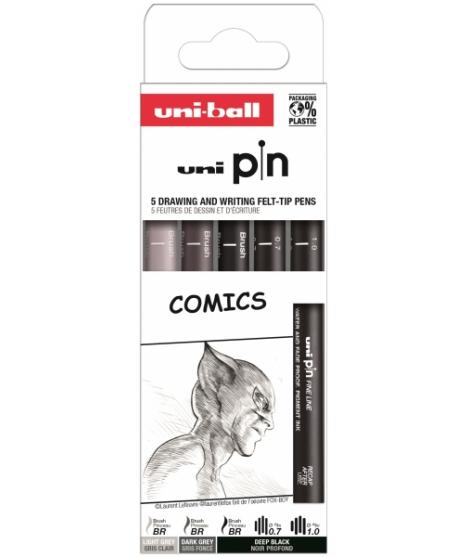 Uni-ball PIN Pack de 5 Rotuladores Calibrados Comics - Punta Poliacetal - Tinta Pigmentada Resistente al Agua y Luz - Color Surt