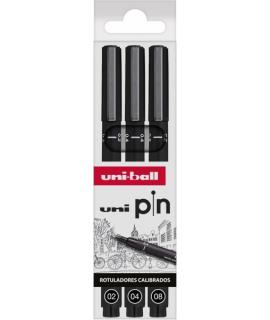 Uni-ball Uni Pin Pack de 3 Rotuladores Calibrados 0.2, 0.4, 0.8 - Punta Poliacetal - Tinta Pigmentada Resistente al Agua y Luz -