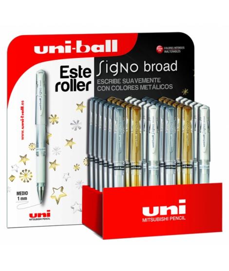 Uni-ball Signo Broad UM-153 Expositor de 36 Rollers de Tinta Gel - Punta de Bola 1mm - Trazo Estilografico - Sujecion de Caucho 