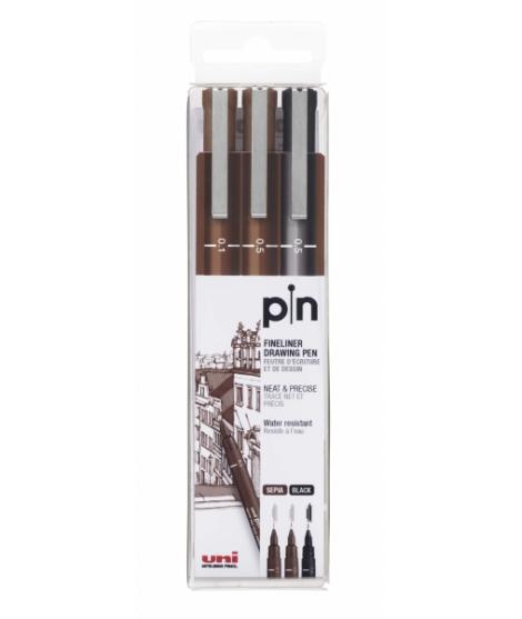 Uni-ball PIN-200(S) Pack de 3 Rotuladores Calibrados - Punta Poliacetal - Tinta Pigmentada Resistente al Agua y Luz - Ideal para