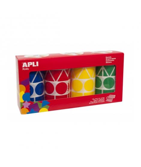 Apli Pack de 4 Rollos de Gomets Adhesivo Permanente - Formas Geometricas - Ideal para Guarderias - Desarrollo Psicomotor - Alta 