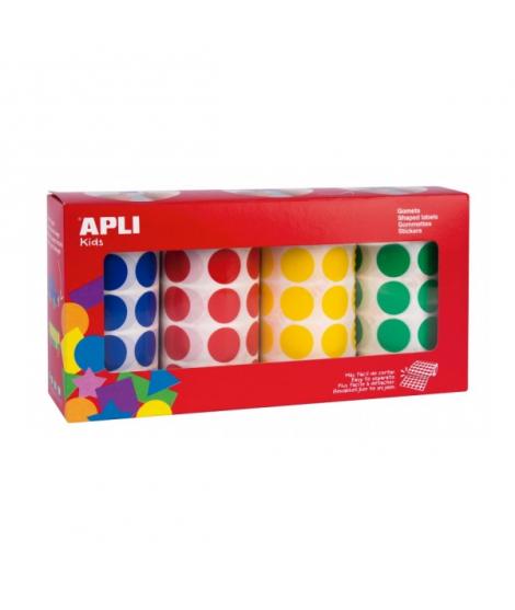 Apli Pack de 4 Rollos de Gomets Redondos - Adhesivo Permanente - 7.080 Gomets - Ideal para Guarderias - Adhesivo Base Agua - Lib