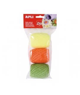 Apli Pack de 3 Ovillos de Rafia Natural Fluor - Ideal para Manualidades y Decoraciones - Versatil para Ramos, Velas, Tarjetas, B