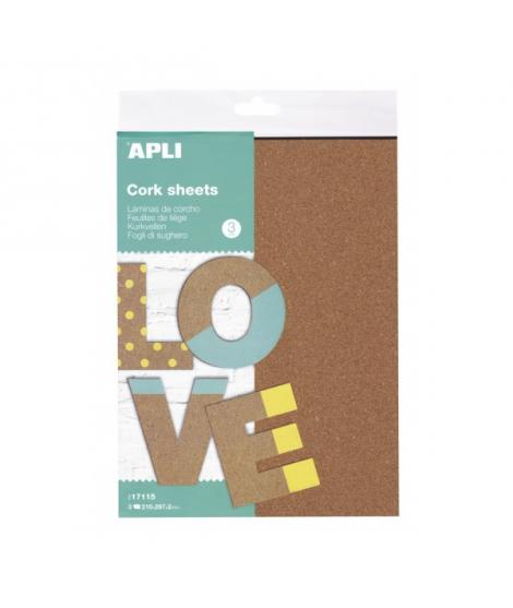 Apli Pack de 3 Hojas de Laminas de Corcho A4 - Natural y Ecologico - Facil de Cortar y Pintar - Ideal para Manualidades y Bricol