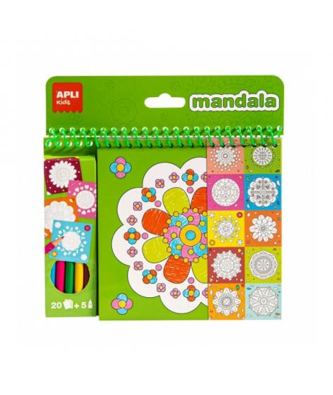 Apli Bloc de Dibujos con Mandalas y Lapices de Colores - 20 Paginas - 5 Lapices - Ideal para Viajes - Estimula Creatividad y Con