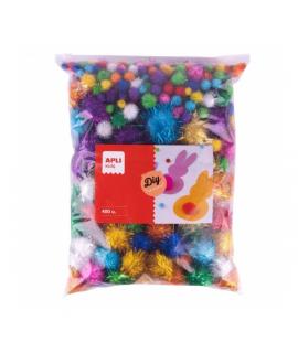 Apli Pack de 400 Pompones Brillantes - Formato Escolar - Cierre Zip Mejorado - Ideal para Manualidades y Decoraciones - Estimula