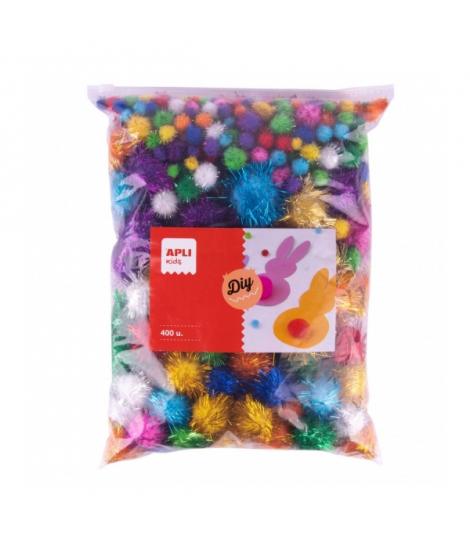 Apli Pack de 400 Pompones Brillantes - Formato Escolar - Cierre Zip Mejorado - Ideal para Manualidades y Decoraciones - Estimula