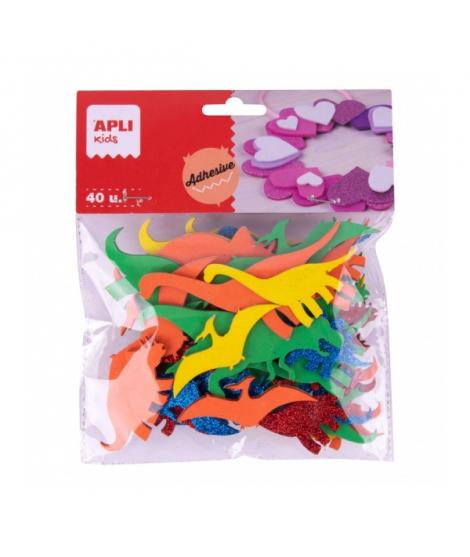 Apli Pack de 40 Dinosaurios Adhesivos de Goma EVA - Diseños Variados - Adhesivo Permanente - 8 Razas - Ideal para Manualidades y